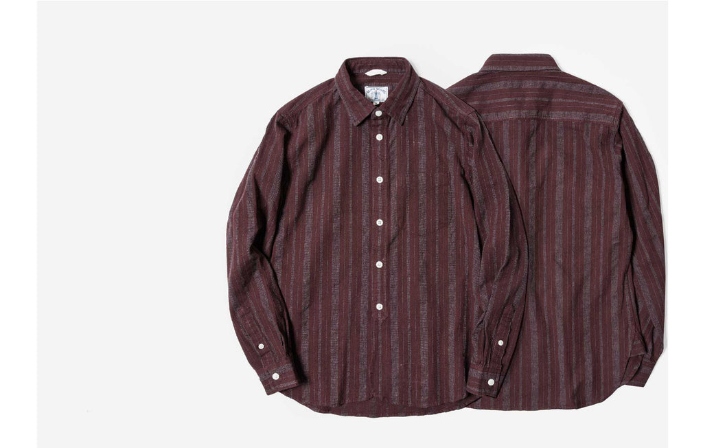60s Old Textile FlannelCotton Stripes Worker Shirt in Burgundy