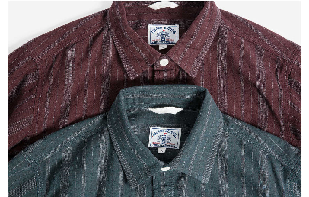60s Old Textile FlannelCotton Stripes Worker Shirt in Burgundy