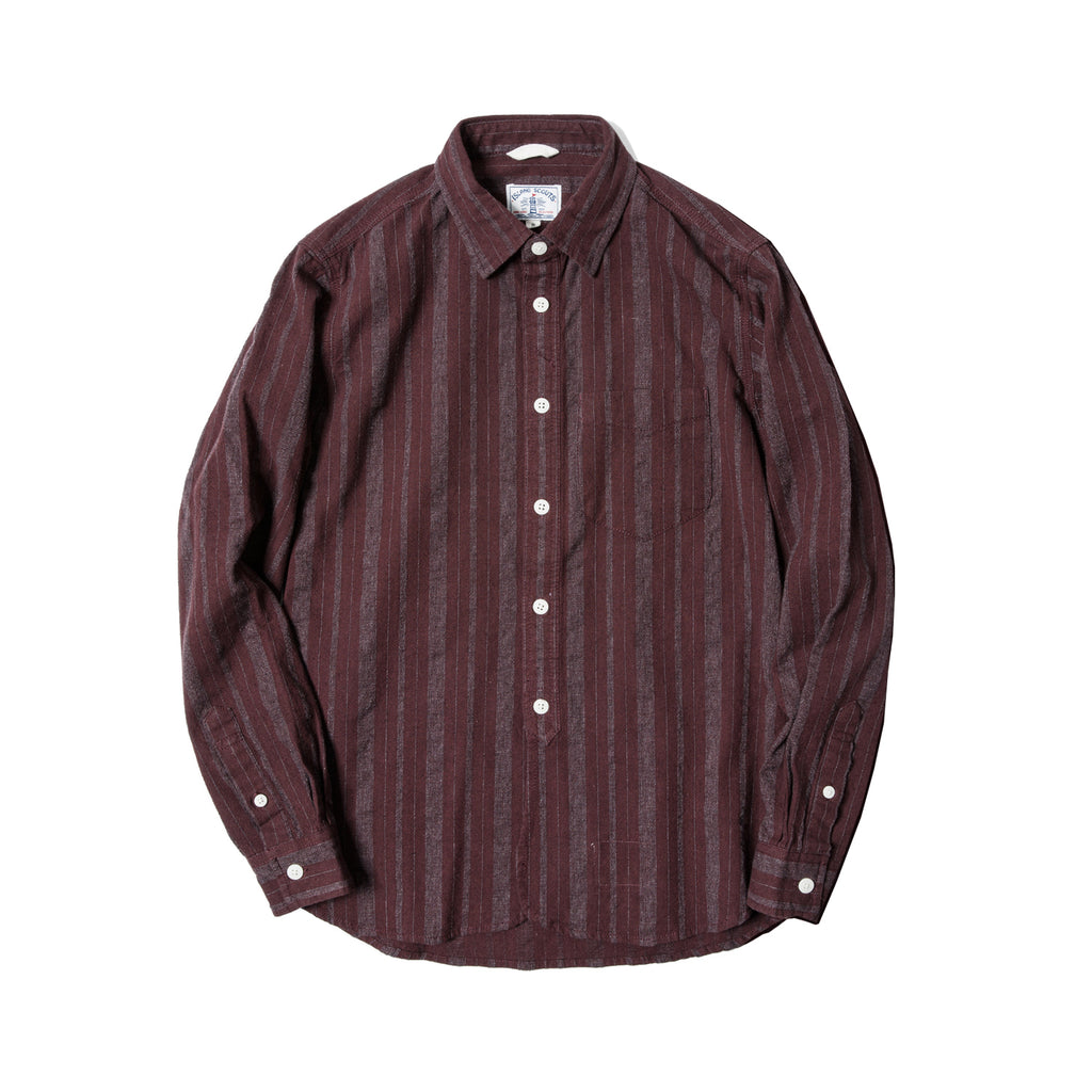 60s Old Textile FlannelCotton Stripes Worker Shirt in Burgundy