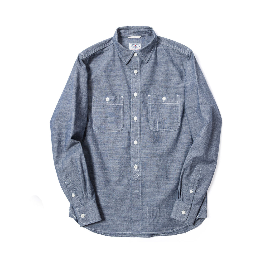 Old Textile Cotton Denim Worker Shirt in Bleached Blue