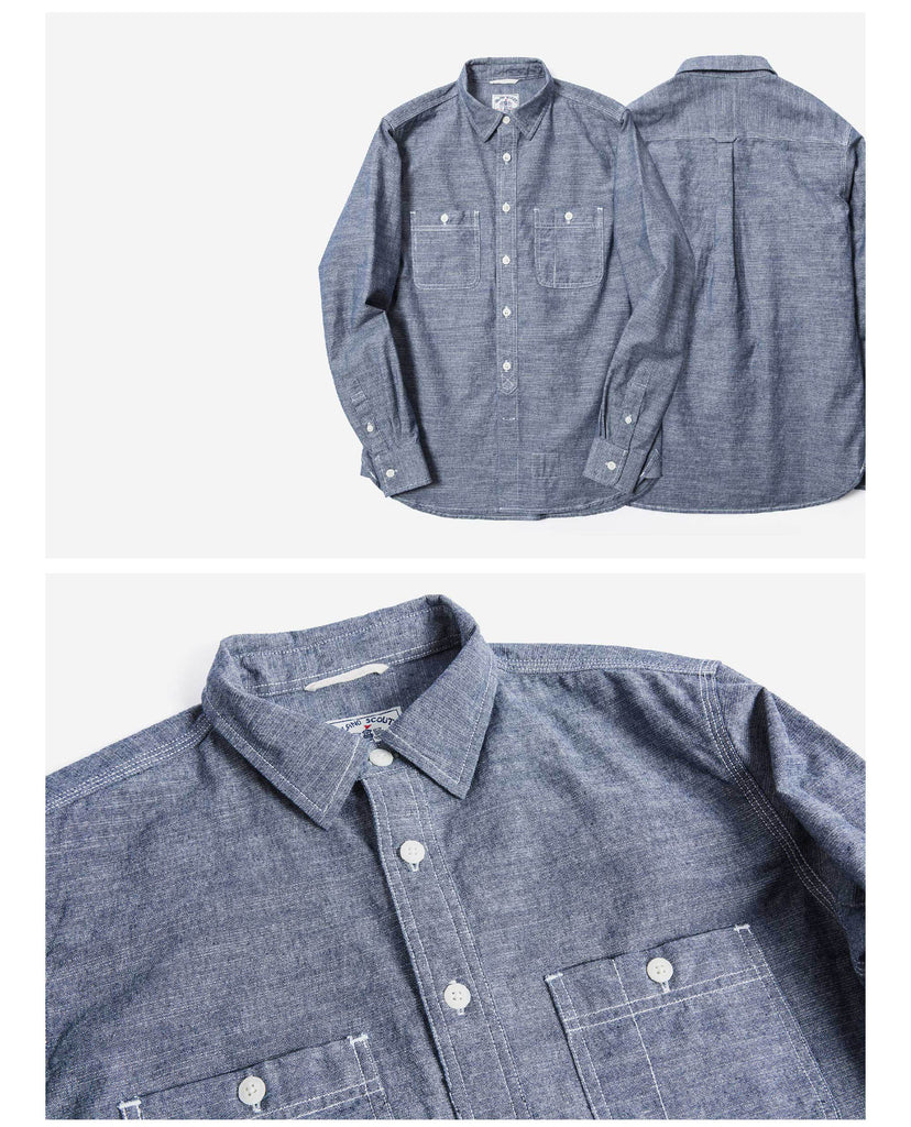 Old Textile Cotton Denim Worker Shirt in Bleached Blue