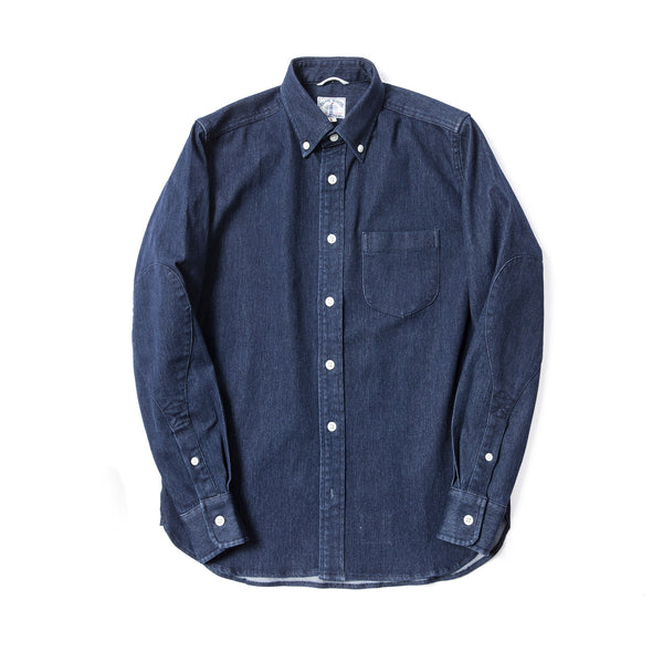 Stretch Denim  Long Sleeve Elbow Patch Shirt in Navy