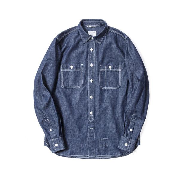 Old Textile Cotton Denim Worker Shirt in Indigo Blue