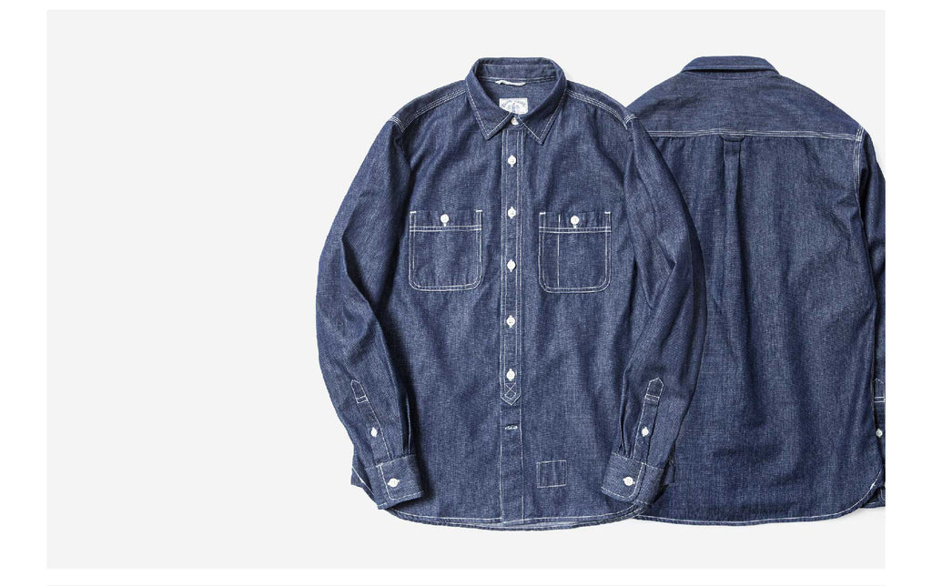 Old Textile Cotton Denim Worker Shirt in Indigo Blue