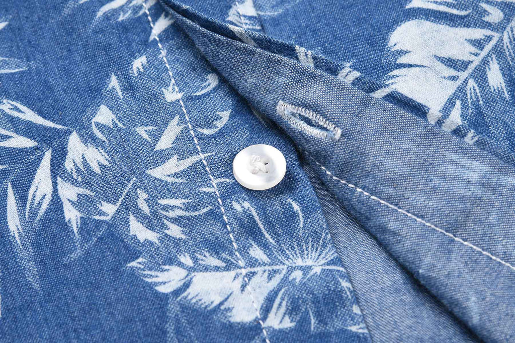 Leaf Discharge Print Denim Short Sleeve Shirt / Dark Blue