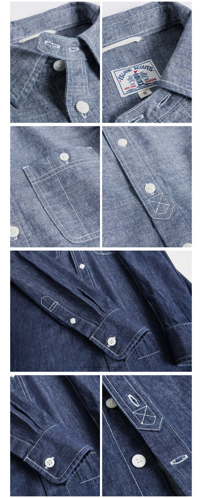 Old Textile Cotton Denim Worker Shirt in Indigo Blue