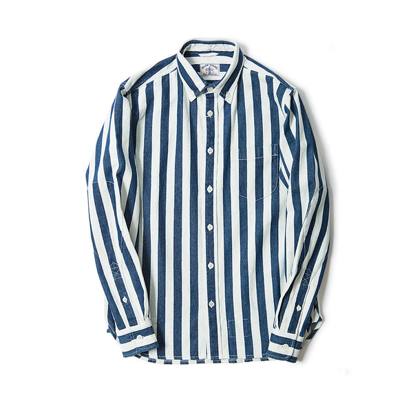 Dark Indigo Denim Stripes Cotton Long Sleeve Elbow Patch Shirt