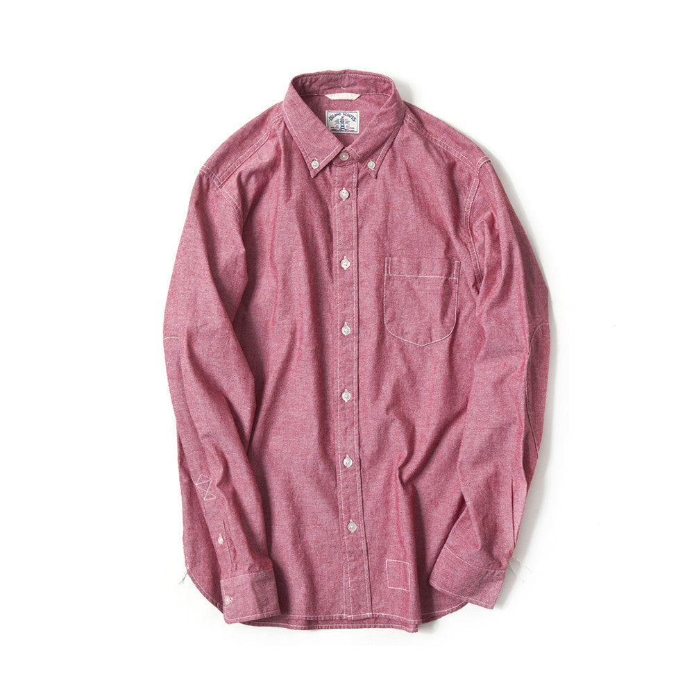 Japanese Chambray Long Sleeve Elbow Patch Shirt in Red
