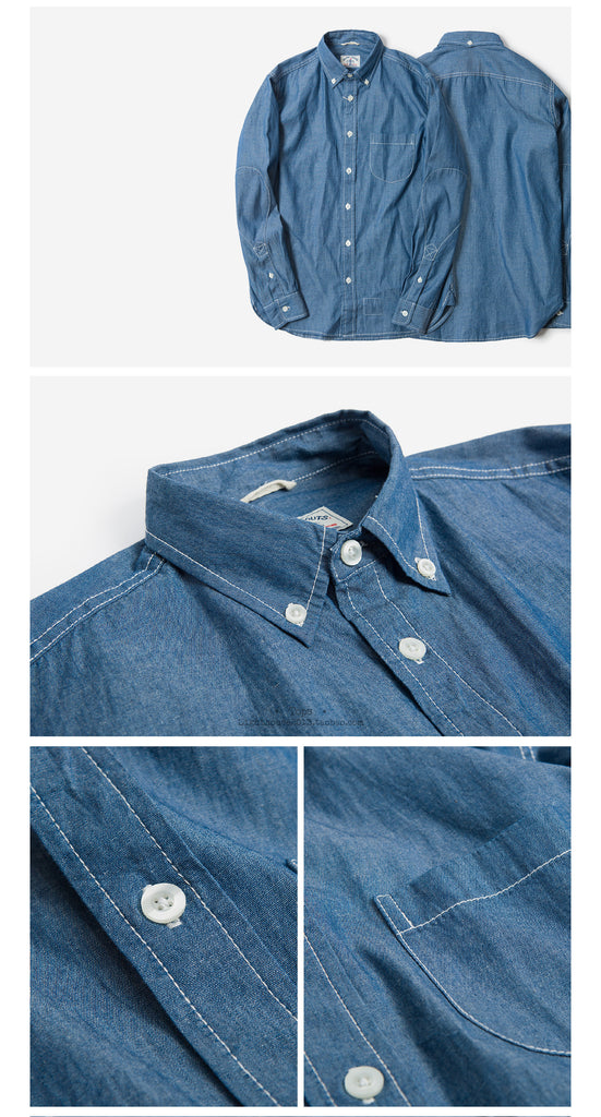 Old Textile Chambray Long Sleeve Elbow Patch Shirt in Indigo Blue