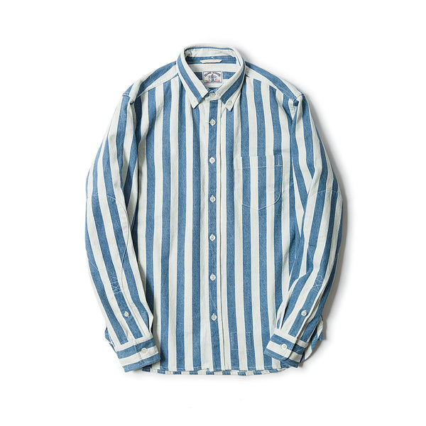 Bleached Indigo Denim Stripes Cotton Long Sleeve Elbow Patch Shirt