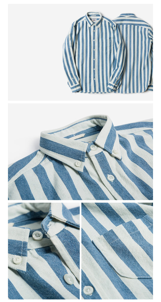 Bleached Indigo Denim Stripes Cotton Long Sleeve Elbow Patch Shirt