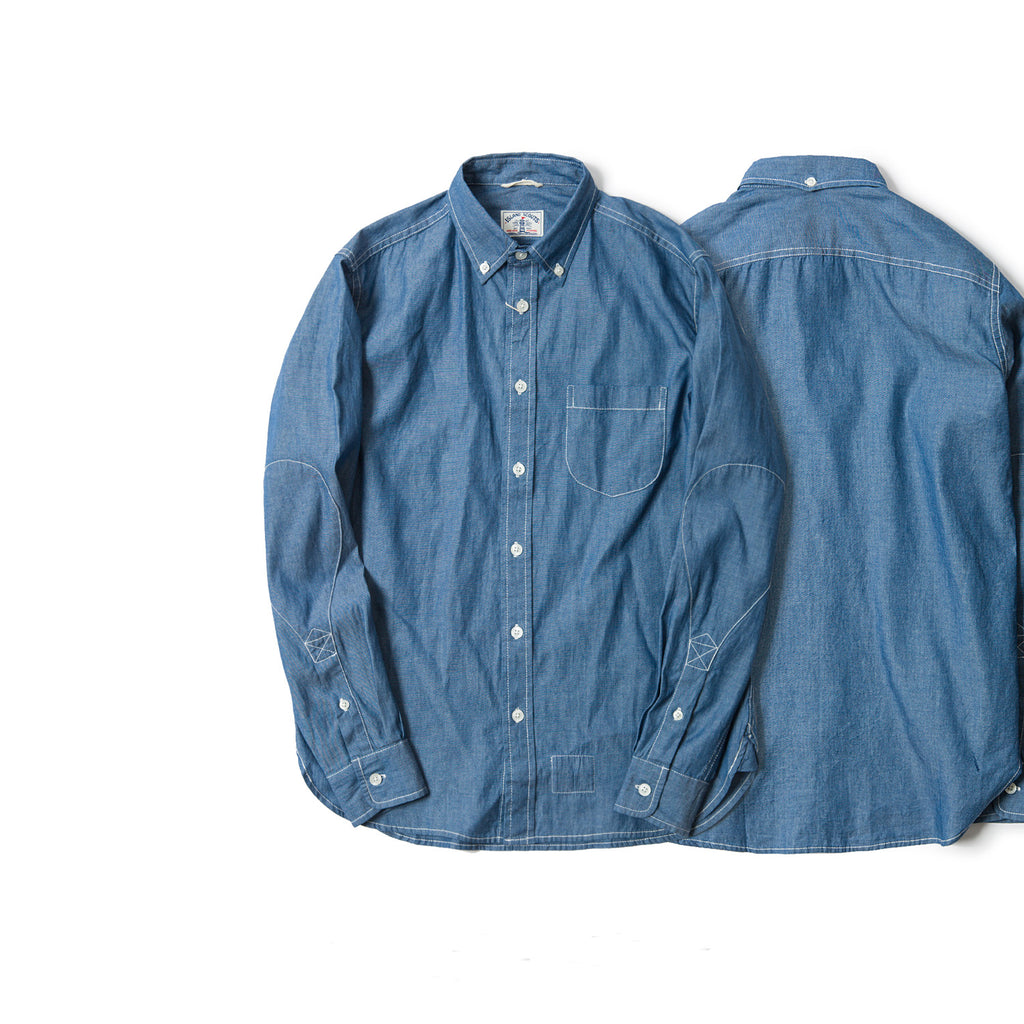 Old Textile Chambray Long Sleeve Elbow Patch Shirt in Indigo Blue