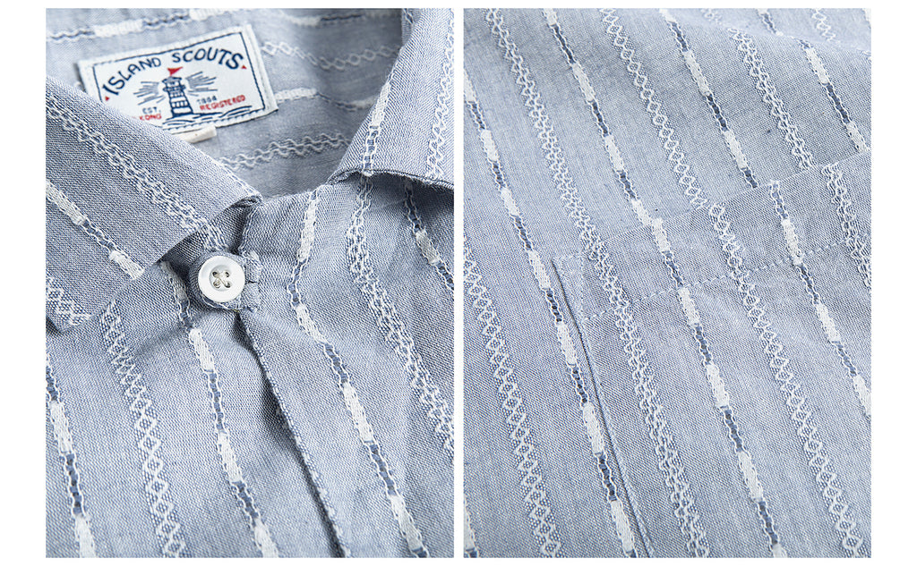 Cotton Mixed Linen Jacquard Stripes Palaka Shirt - Blue