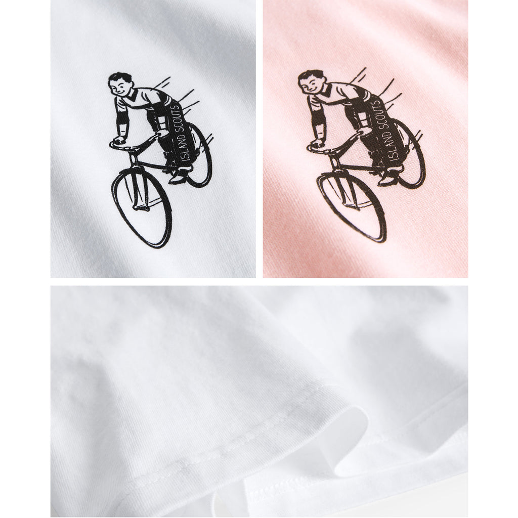 Island Scouts Tubular Cotton Tee In Vintage Bicycle Print in White/Pink