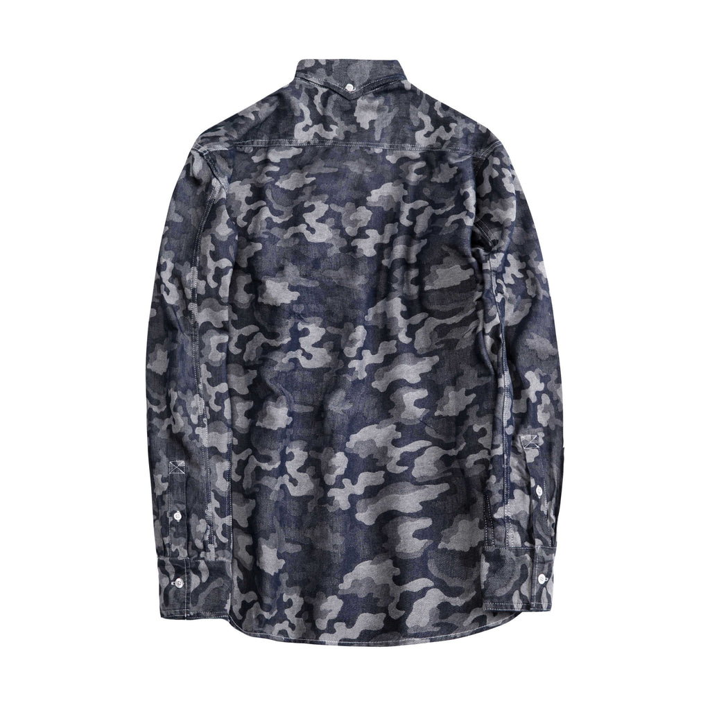 Yarn Dyed Blue Camouflage Long Sleeve Worker Shirt