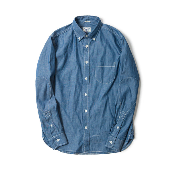 Old Textile Chambray Long Sleeve Elbow Patch Shirt in Indigo Blue