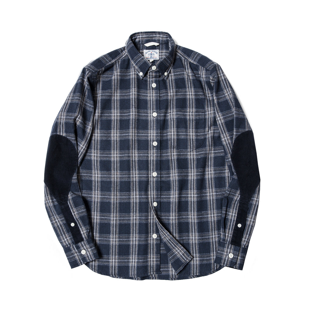 Cotton Flannel Elbow Patch Checks Shirt - Navy