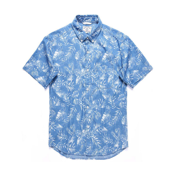 Leaf Discharge Print Denim Short Sleeve Shirt / Light Blue