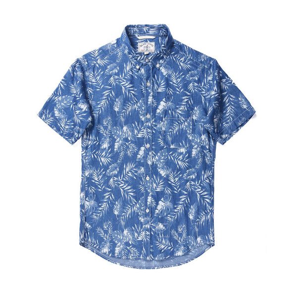 Leaf Discharge Print Denim Short Sleeve Shirt / Dark Blue